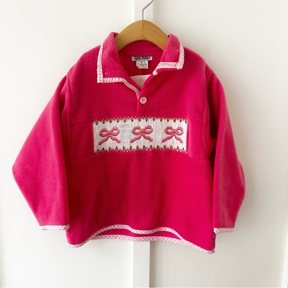 LITTLE FOLLIES pink bow smocked fleece pullover